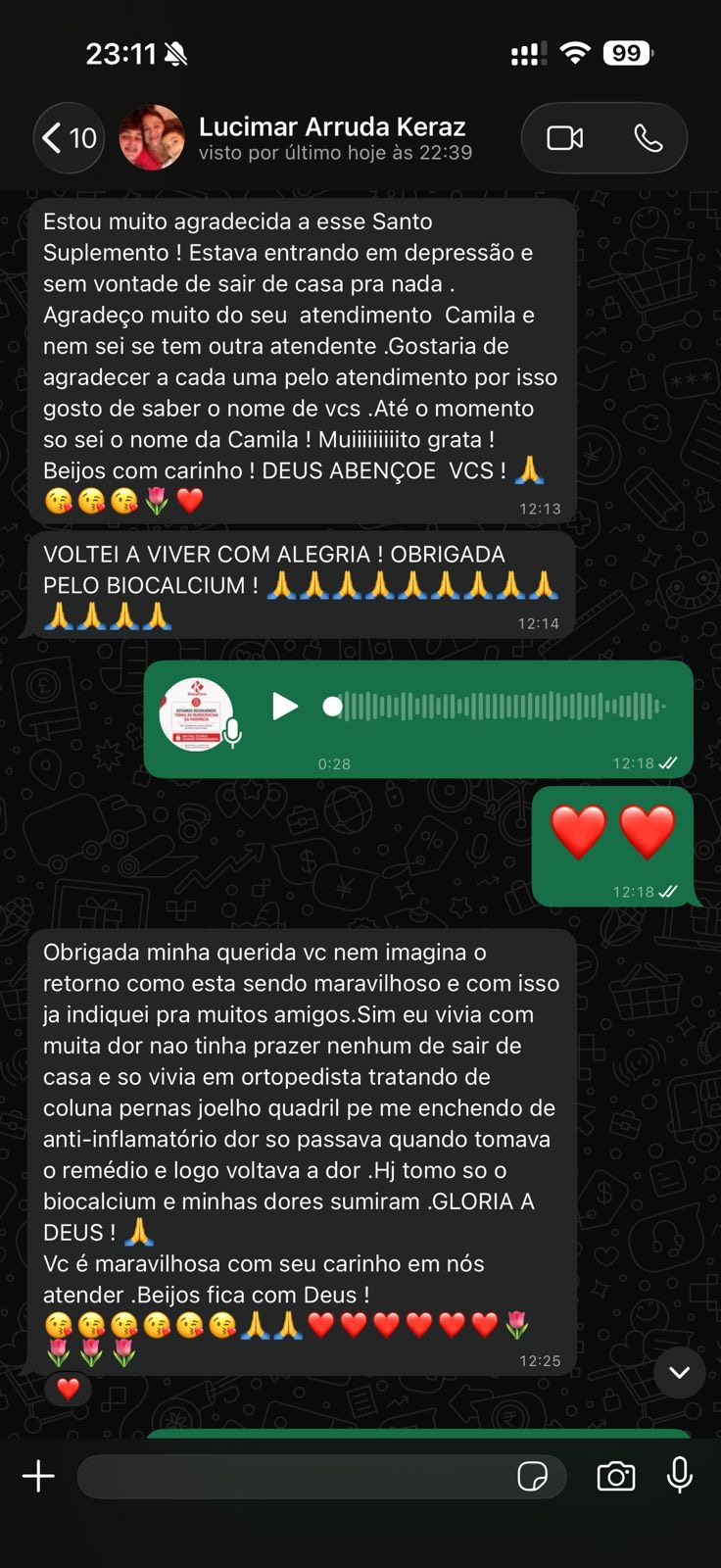 Print de conversa de WhatsApp com depoimento real de cliente do BioCalcium
