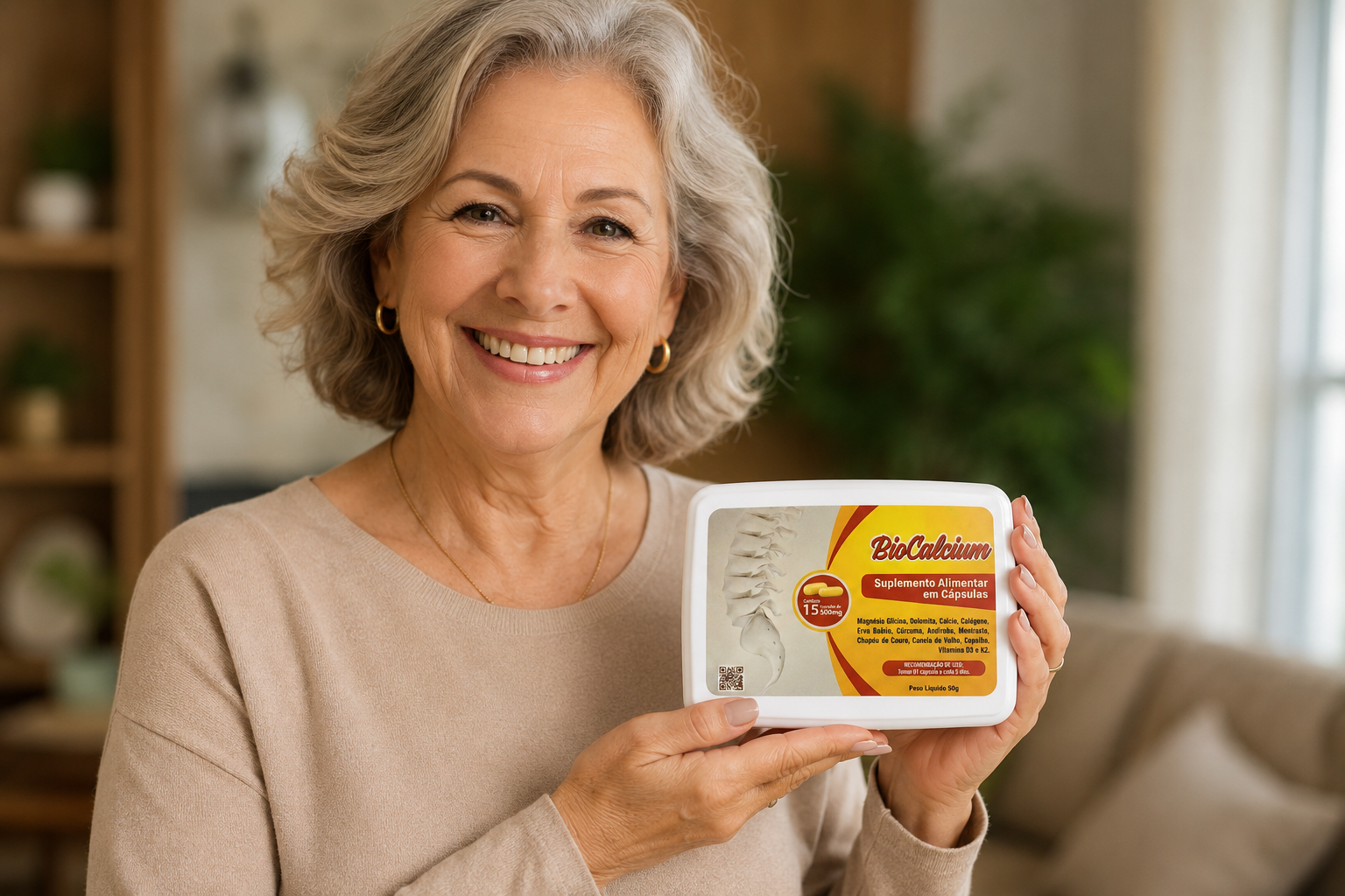 Mulher sorrindo segurando o BioCalcium Premium